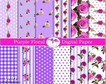 Purple flower digital paper floral decor Shabby chic digital paper Floral decal Pink Rose scrapbook paper flowers decals Floral background