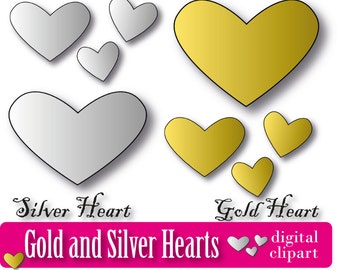 Silver and Gold Heart Digital Paper Clipart Silver Heart Scrapbook métalic background Clip Art hearts die cut gold heart print valentines