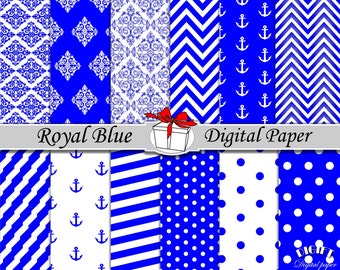 Royal Blue Digital Paper Set | Damask, Chevron, Polka Dot (Digital Download)