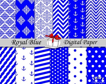 Royal Blue digitaal papier Blauwe damask Royal blauwe chevron Blauwe polka dot Blauw en Wit anker Koninklijke blauwe bruiloft uitnodigingen blauwe decoraties