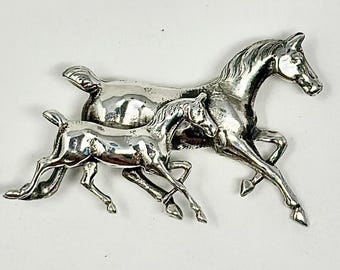Sterling Silver Horse Brooch - Double Running Horses Pin - Vintage Brooch
