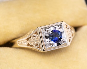 Sapphire Filigree Ring - 10k Yellow White Gold Sapphire Ring - Vintage Sapphire Engagement RIng .25ct Blue Sapphire - September Birthstone