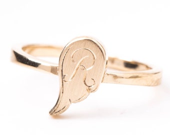 Letter R Signet Ring - Angel Wing Signet Ring - Angel Wing Jewelry - 10k Gold Signet Ring - Gold Initial Ring,  Engraved Initial Signet 10k