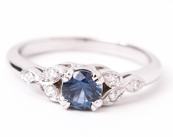 Montana Sapphire Engagement Ring - Diamond Accents - 14k White Gold Leaf Ring - Blue Sapphire Engagement Ring