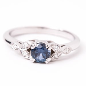 Montana Sapphire Engagement Ring - Diamond Accents - 14k White Gold Leaf Ring - Blue Sapphire Engagement Ring