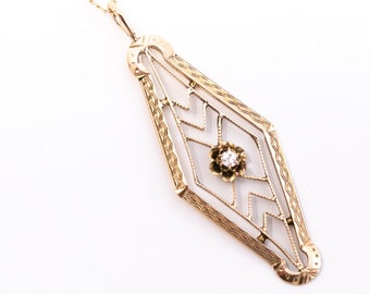 Vintage Diamond Pendant - 10k Yellow Gold Art Deco Diamond Necklace