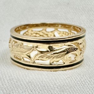 Estate Floral Band - Wide Floral Band - Cigar Band - 14 Karat Yellow Gold - Black Enameling