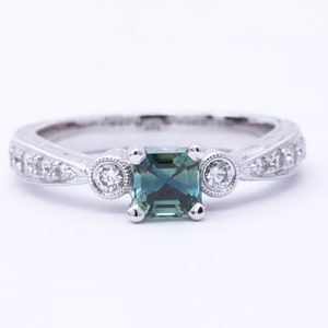 Montana Sapphire Engagement Ring, 14k White Gold, Asscher Cut Sapphire, Blue Green Yellow Sapphire, Diamond Accents