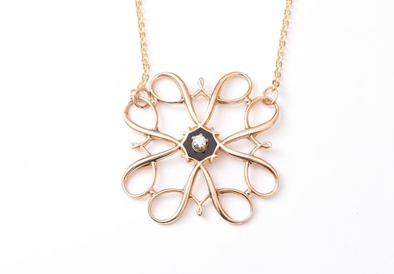 Vintage Diamond Necklace - Edwardian 10k Yellow Gold Diamond Pendant - .03 single cut diamond, Black Enameling