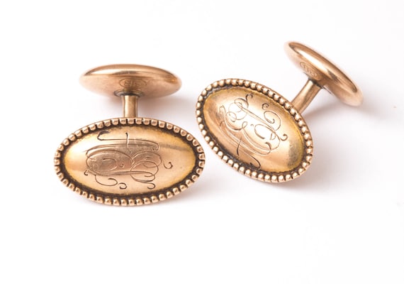 Antique Men's Cuff Links, Estate Engraved Cuff Links, Yellow Gold Cuff Links, 14k Yellow Gold, Engraved Letters A E L - Victorian Art Links