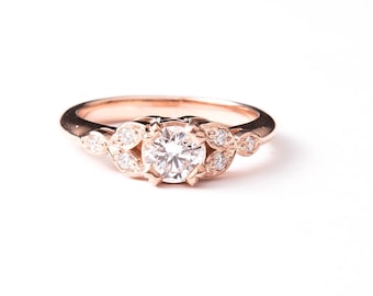 Leaf Engagement Ring, Unique Gold Leaf Engagement Ring Diamond Accents - Custom Engagement Ring - Use My Diamond Ring Design, Your Diamond