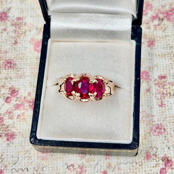 Vintage Three Ruby Ring - Synthetic Ruby - 10 Kar… - image 1
