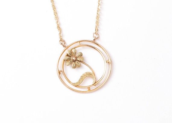 Flower Necklace - Retro 1950s 10k Yellow Gold Flow