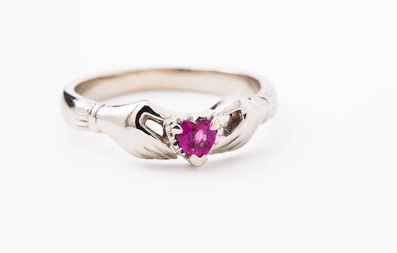 Vintage Ruby Ring, White Gold Ruby Ring, Claddagh… - image 1
