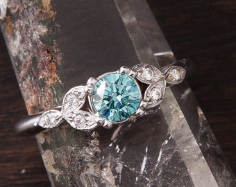 Anillo de compromiso de diamantes azules - anillo de diamantes azules de oro blanco de 14 k - anillo de moda - detalles de hoja