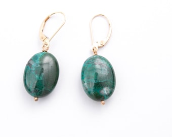 Gold Chrysocolla Drop Earrings - Genuine Chrysocolla