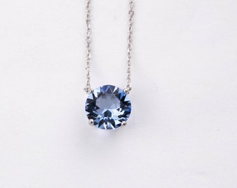 March Birthstone Necklace  - Imitation Aquamarine Necklace - Swarovski Crystal - Sterling Silver Necklace - Adjustable Chain