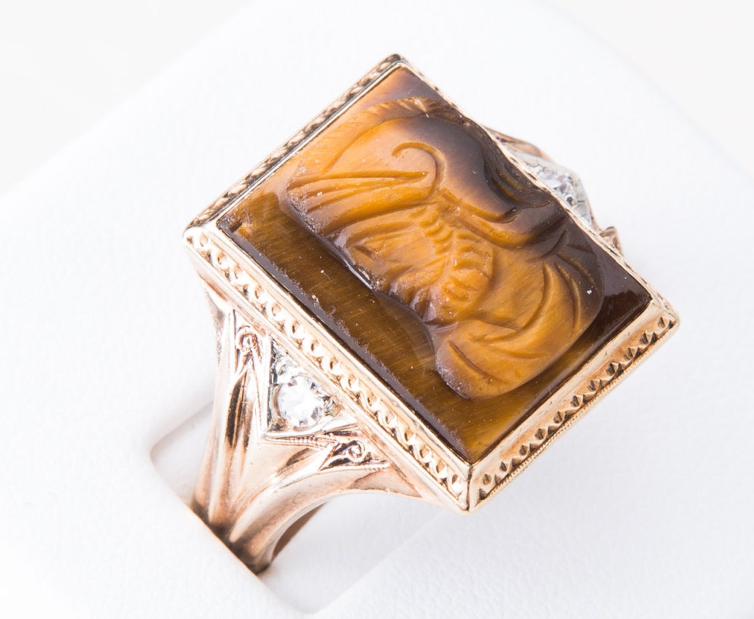 Vintage Tiger Eye Centurion Ring - 10k Yellow Gold Tiger's