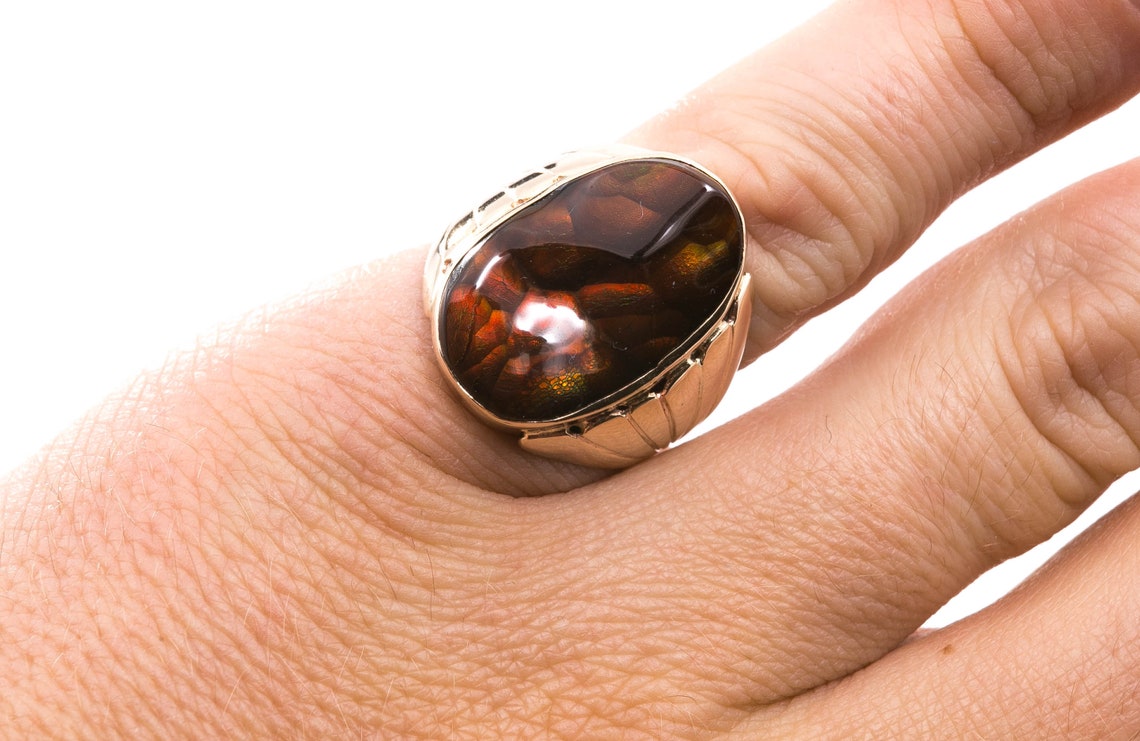 Large Fire Agate Ring 14k Yellow Gold Fire Agate Ring Fire Etsy