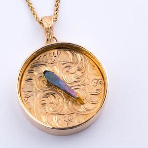 Vintage Compass Pendant Boulder Opal - 14k Yellow Gold - One of a Kind - Hand Engraved North South East West Gold Compass