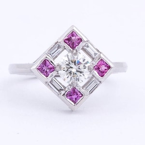 Diamond Engagement Ring, Pink Sapphire Ring - Art Deco Design - Platinum Princess Cut Pink Sapphire - One of a Kind