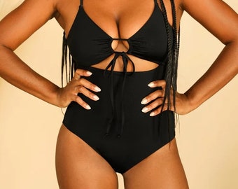 Rouched Bust Cutout with Adjustable Ties Moderate Coverage One-Piece, Women's Swimwear, Swimsuit, Bathing Suit, Vintage One-Piece Swimsuit