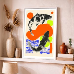 Póster de pared con diseño de peces koi sin marco / Póster japonés moderno / Ilustración gráfica de estanque / Formato vertical