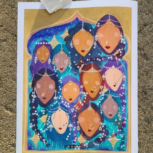 May include: A colorful illustration of a group of women with blue, purple, and red hair, wearing ornate jewelry and headpieces. The women are set against a background of gold and blue, with white flowers scattered throughout.