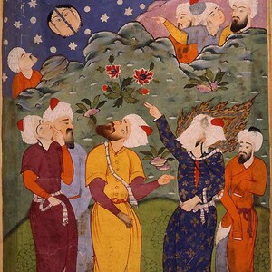 Pode incluir: Uma pintura em miniatura persa que retrata um grupo de homens em t&uacute;nicas e turbantes coloridos, olhando para cima para uma cena celestial com uma lua crescente e estrelas. Os homens est&atilde;o em p&eacute; em uma paisagem com colinas verdes e um arbusto florido.