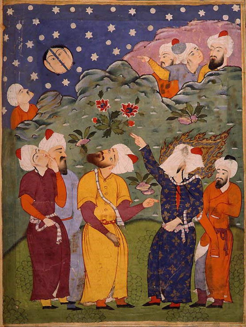 Pode incluir: Uma pintura em miniatura persa que retrata um grupo de homens em t&uacute;nicas e turbantes coloridos, olhando para cima para uma cena celestial com uma lua crescente e estrelas. Os homens est&atilde;o em p&eacute; em uma paisagem com colinas verdes e um arbusto florido.