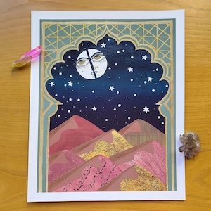May include: A digital illustration of a crescent moon with a face and a star-filled night sky. The moon is framed by a gold and green archway. The background is a collage of pink and yellow paper with Arabic text.