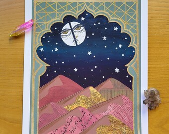Split Moon: Gliclee Archival Quality Print of Gouache Painting of the Moon Split