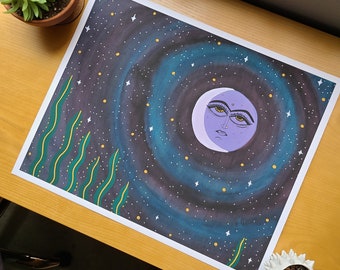 Moon-Faced: Gliclee Archival Quality Print of Gouache Painting of the Moon