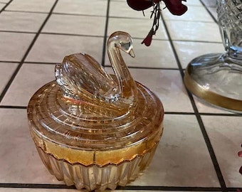 Light Amber Vintage Cut Glass Depression Glass Lidded Trinket Bowl