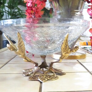 Art Deco Crackle Glass Bowl on Brass Angel Stand