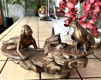 Native Indian Boy Watching Eagle Ceramic Statue