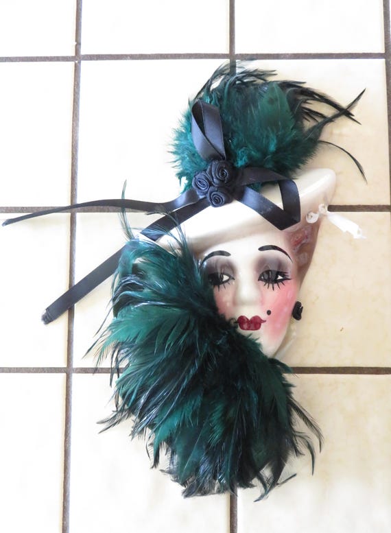 Glazed Ceramic Lady Mask: Green Feather Hat Wall Decor