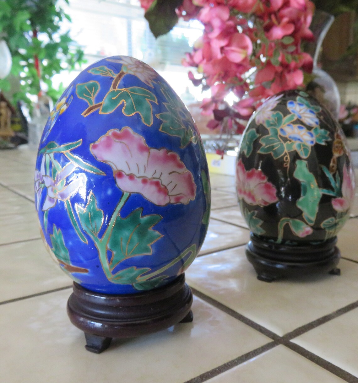 Two Colorful Vintage Glazed Ceramic Japanese Eggs With Wood Etsy