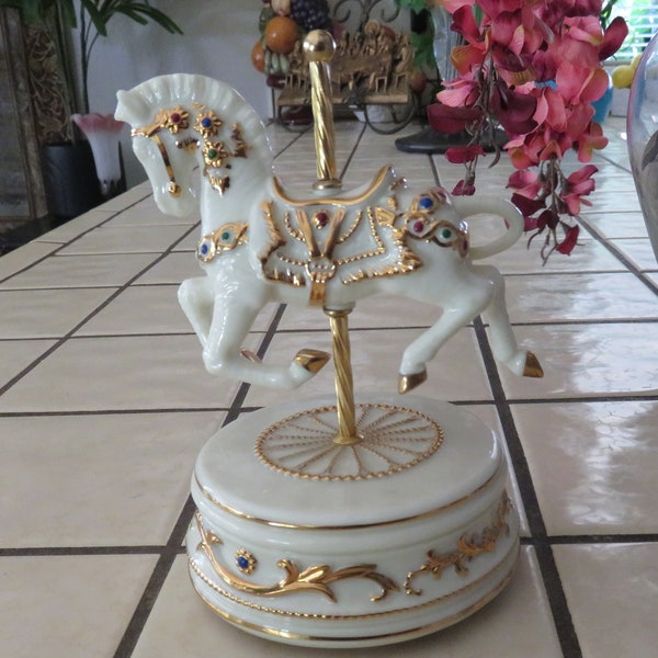 Beautiful Porcelain Musical Carousel Horse Gold Accents