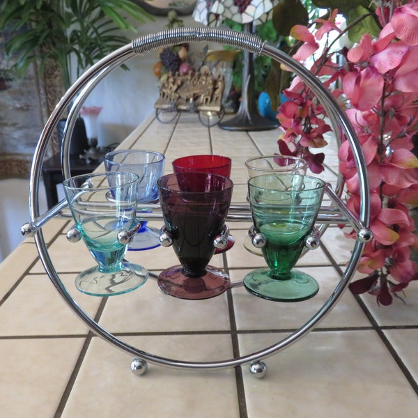 Beautiful Classic Liqueur Multi Color Glass Stemware Set With Silver Metal Caddy