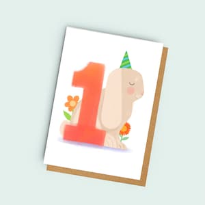Cartão de aniversário de 1 ano - Coelhinho fofo - Aniversário infantil - Bebê