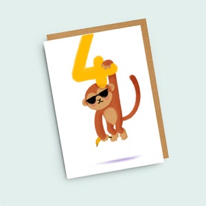 Carte d'anniversaire singe 4 ans - Anniversaire d'enfant