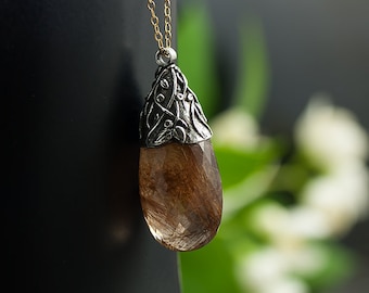 Rutile Quartz Necklace, Large Rutile Quartz Drop, Silver Rutile Quartz Necklace, Hand Carved Jewelry, Unique Rutile Quartz Necklace