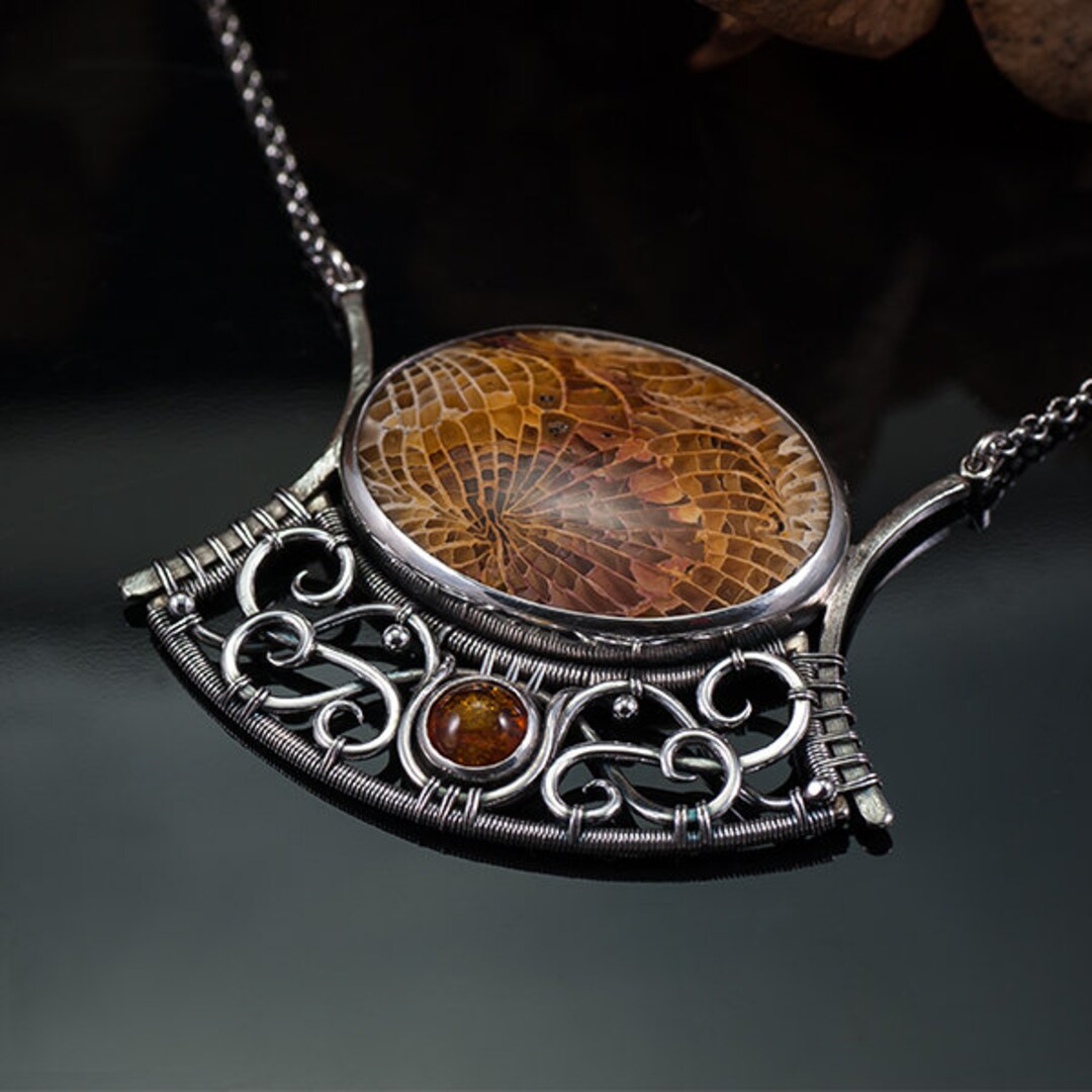 Fossil Coral Necklace, Unique Wirewrapping Necklace, Lace Necklace