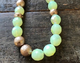 Bright Green Glass Beaded and Rose Gold Beaded Necklace