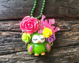 Colorful 1.5" Mandala Necklace 27" long - Owl and flowers on a Green Necklace