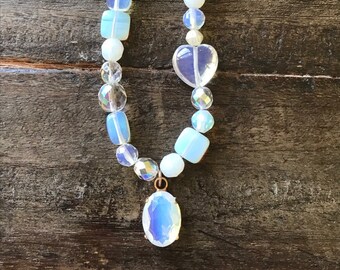 White and Clear Glass Beaded, Opal Stone Necklace with pendant, 18" long