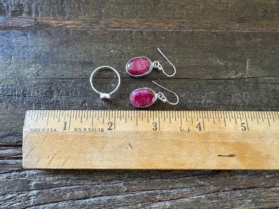 Set of Silver Ruby Hook Earrings and a Faceted Ov… - image 3