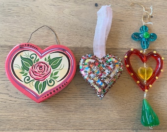 Lot of 3 Colorful Hearts - Hanging Decor