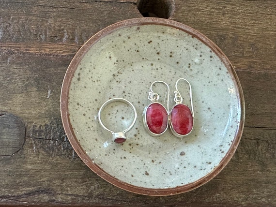 Set of Silver Ruby Hook Earrings and a Faceted Ov… - image 1